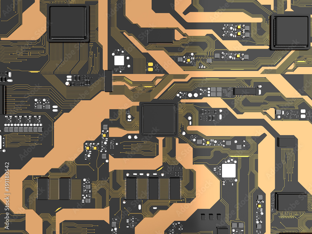 Poster 3d rendered printed circuit board with cpu chipset processor electronic element