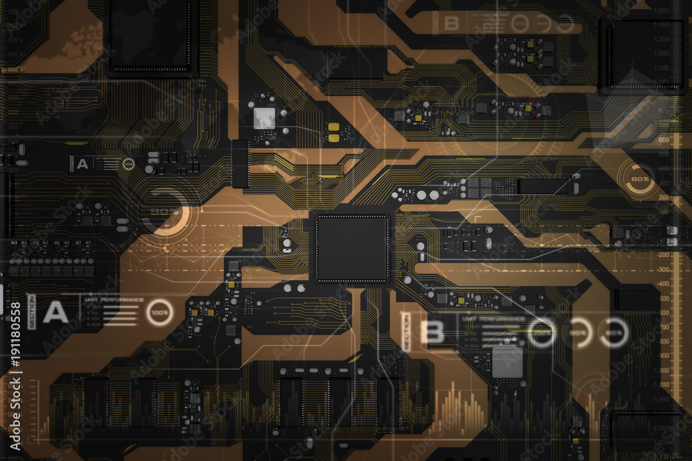 Poster 3d rendered printed circuit board with cpu chipset processor electronic element