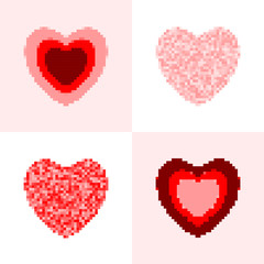 Pink and red pixel heart set. Vector isolated heart symbols.