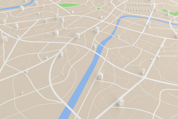 3D rendered top view of city map with road building river 3D illustration