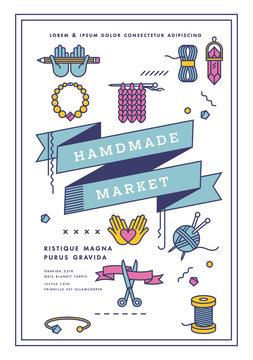 Vector illustration handmade market poster, crafts workshop, art fair and festival poster. Handmade tools.