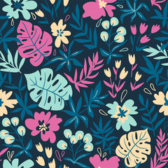 Fototapeta na wymiar Seamless pattern with wild tropical plants and flowers. Tropic vector repeating background.