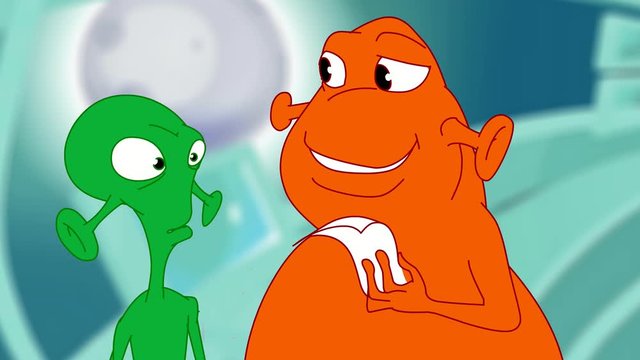 Two funny aliens looking at camera. Animated cartoon characters.