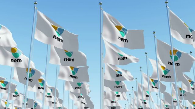 Flags with NEM XEM open-source crypto currency coin on blockchain technology. Three dimensional rendering 3D animation.