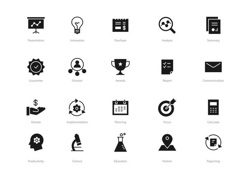 Set of black solid business icons isolated on light background. Contains such icons Planning, Awards, Concept, Education and more.