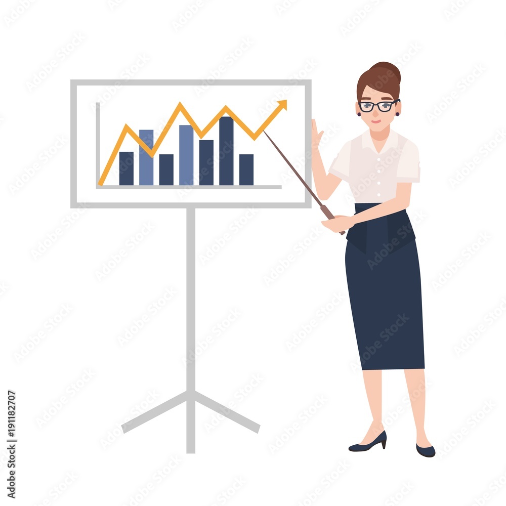 Poster woman dressed in business clothes holding pointer and standing beside whiteboard with bar chart and 