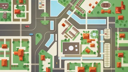 Top, aerial or bird s eye view or plan of modern city with commercial and living buildings, structures, roads, streets, river, canals and bridges. Beautiful urban landscape. Flat vector illustration. © Good Studio
