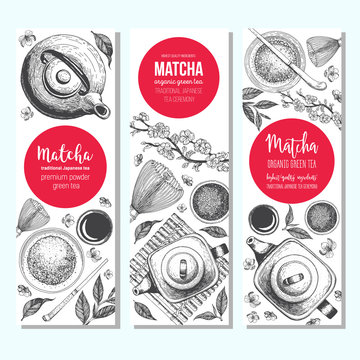 Matcha tea. Vector illustration for Tea Shop. Vintage banner collection. Japanese traditions of tea ceremony. Vintage elements for design. Matcha vector Illustration.
