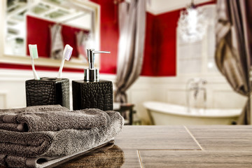 desk of free space and towels decoration in bathroom 