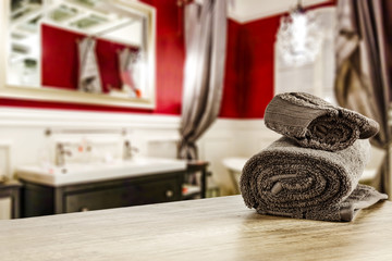 desk of free space and towels decoration in bathroom 