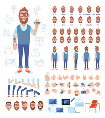 Front, side, back view animated character. Male Designer character creation set with various views, hairstyles, face emotions, poses and gestures. Cartoon style, flat vector illustration. 