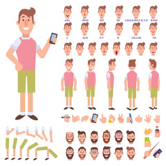  Flat Vector Guy character for your scenes. Character creation set with various views, face emotions, lip sync and poses. Parts of body template for design work and animation.