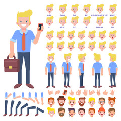  Front, side, back view animated character. Business man character creation set with various views, hairstyles, face emotions, poses and gestures. Cartoon style, flat vector illustration.