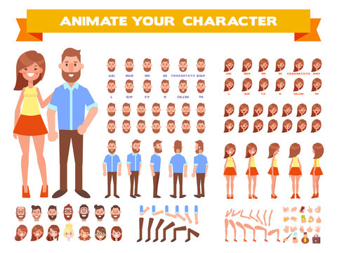 Front, side, back view animated characters. Male and Female characters creation set with various views, hairstyles, face emotions, poses and gestures. Cartoon style, flat vector illustration.