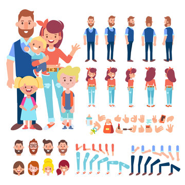 Happy Family Characters - mom, dad and children. Front, side, back view animated characters. Cartoon style, flat vector illustration.