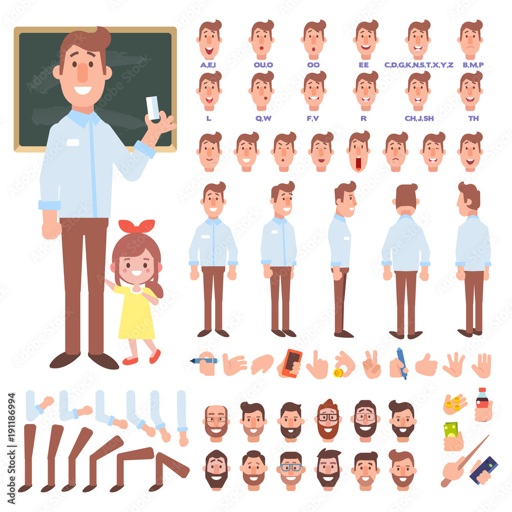 Wall mural Male teacher creation set. Front, side, back, 3/4 view animated character. Separate parts of body. Constructor with various views, lip sync and gestures. Cartoon style, flat vector illustration.