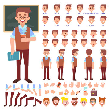 Male Teacher Creation Set. Front, Side, Back, 3/4 View Animated Character. Separate Parts Of Body. Constructor With Various Views, Lip Sync And Gestures. Cartoon Style, Flat Vector Illustration.