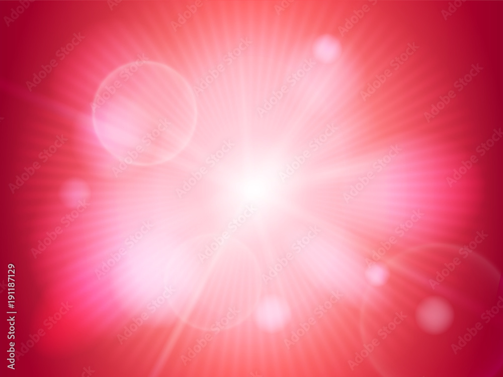Poster strong bright sunbeam or light on a red bokeh background. abstract decorative wallpaper for design u