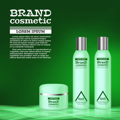 3D realistic cosmetic bottle ads template. Cosmetic brand advertising concept design with abstract glowing waves