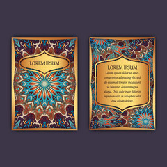 Vintage cards with floral mandala pattern and ornaments. Front page and back page. Luxury design.