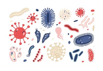 Set of different microorganisms isolated on white background. Collection of infectious germs, protists, microbes. Bundle of disease causing bacteria, viruses. Bright colored flat vector illustration. - obrazy, fototapety, plakaty