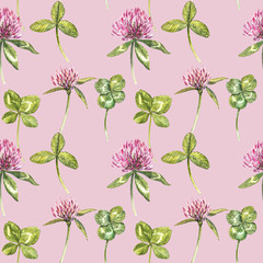 Clover leaf and flowers hand drawn seamless pattern watercolor illustration. Happy Saint Patricks Day.
