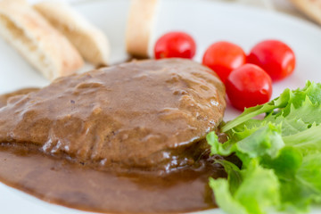 Beef Tenderloin with creamy brown Sauce.Close up