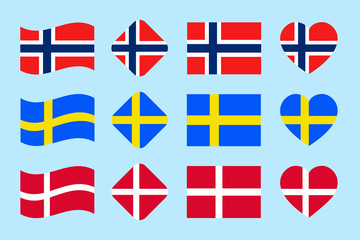 The Skandinavian countries flags set. Vector. Denmark, Norway, Sweden national flag collection. Flat isolated icons, traditional colors. Web, sports pages, geographic, travel design elements