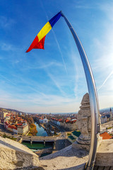 Aerial view from the city hall tower over Oradea town center - obrazy, fototapety, plakaty