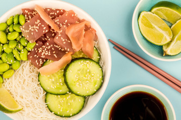 Hawaiian Tuna Fish Poke bowl With Noodles and Edamame Beans