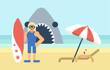 Trendy flat style surfer character with deck chair and shark behind
