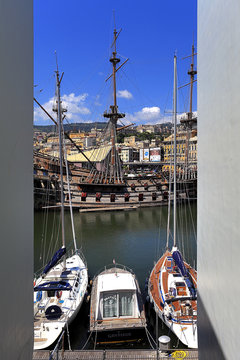 Genoa, Liguria / Italy - 2012/07/06: Genoa port - The Neptune galleon - replica of XVII century Spanish galleon built in 1985 for the Roman Polanski movie of Pirates