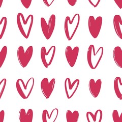 Seamless pattern with pink hand drawn hearts on white background. Backdrop with love, passion and dating symbols. Valentine's day vector illustration for wrapping paper, fabric print, wallpaper.