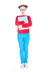 Portrait of female Asian elementary student holding notebook and textbook on white background