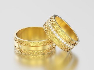 3D illustration two yellow gold decorative wedding bands carved out rings with ornament