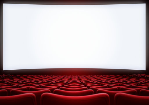 movie theater screen with red seats 3d illustration