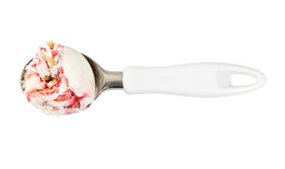 Ball of strawberry-vanilla ice cream in scoop
