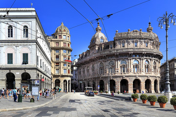 Genoa, Liguria / Italy - 2012/07/06: Genoa city center - Piazza de Ferrari square - obrazy, fototapety, plakaty