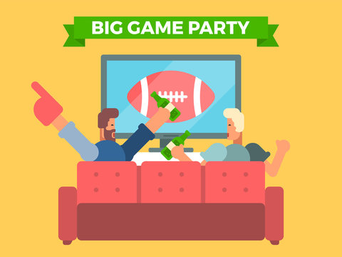 Friends Watching A Football Game On Tv Eating And Cheering. Vector Illustration Of Celebrating A Super Bowl.