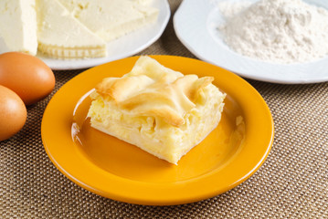 Cheese puff pie from unleavened dough. Georgian cuisine - khachapuri Achma