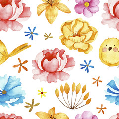 Watercolor flowers seamless pattern. Pattern with colorful flowers and cute bird. Perfect for you postcard design,invitations,projects,wedding card,poster,packaging.