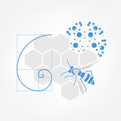 Nature inspiration icon. Vector illustration of honeycombs, bee, fibonacci spiral and fullerene molecule