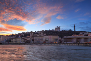 A colorful dusk over Cathedral Notre-Dame de Fourviere and Vieux-Lyon. Lyon, France.