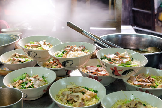 Group of Chubgung Noodles, one of street food is popular on Chinatown (Yaowarat) Bangkok, Thailand
