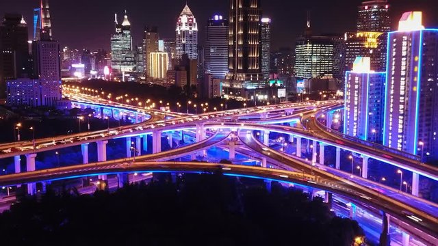 Aerial hyperlapse video of highway traffic at night in Shanghai