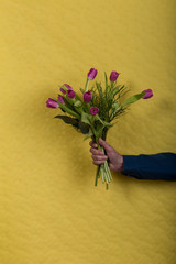 Blumengruß mit Hand vor gelbem Hintergrund