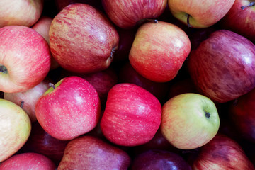 close up of fresh red and yellow organic apples on display counter at the supermarket.