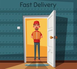 Delivery guy handing a box on doorway. Cartoon vector illustration