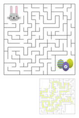 Labyrinth maze game with solution. Easter fun. Help bunny to find path to eggs