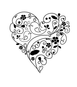 Solid black and white drawing of hearts with flowers and curlicues with birds